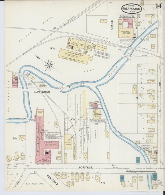 Sanborn Fire Insurance Map from Kalamazoo, Kalamazoo County, Michigan (1891), Sheet #0014 - Historic Sanborn Fire Insurance Map Print, vintage old map wall art, antique decor, genealogy gift, Michigan Michigan map