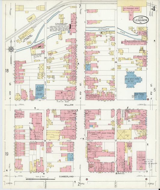 Sanborn Fire Insurance Map from Lebanon, Lebanon County, Pennsylvania (1912), Sheet #0004 - Historic Sanborn Fire Insurance Map Print, vintage old map wall art, antique decor, genealogy gift, Pennsylvania Pennsylvania map