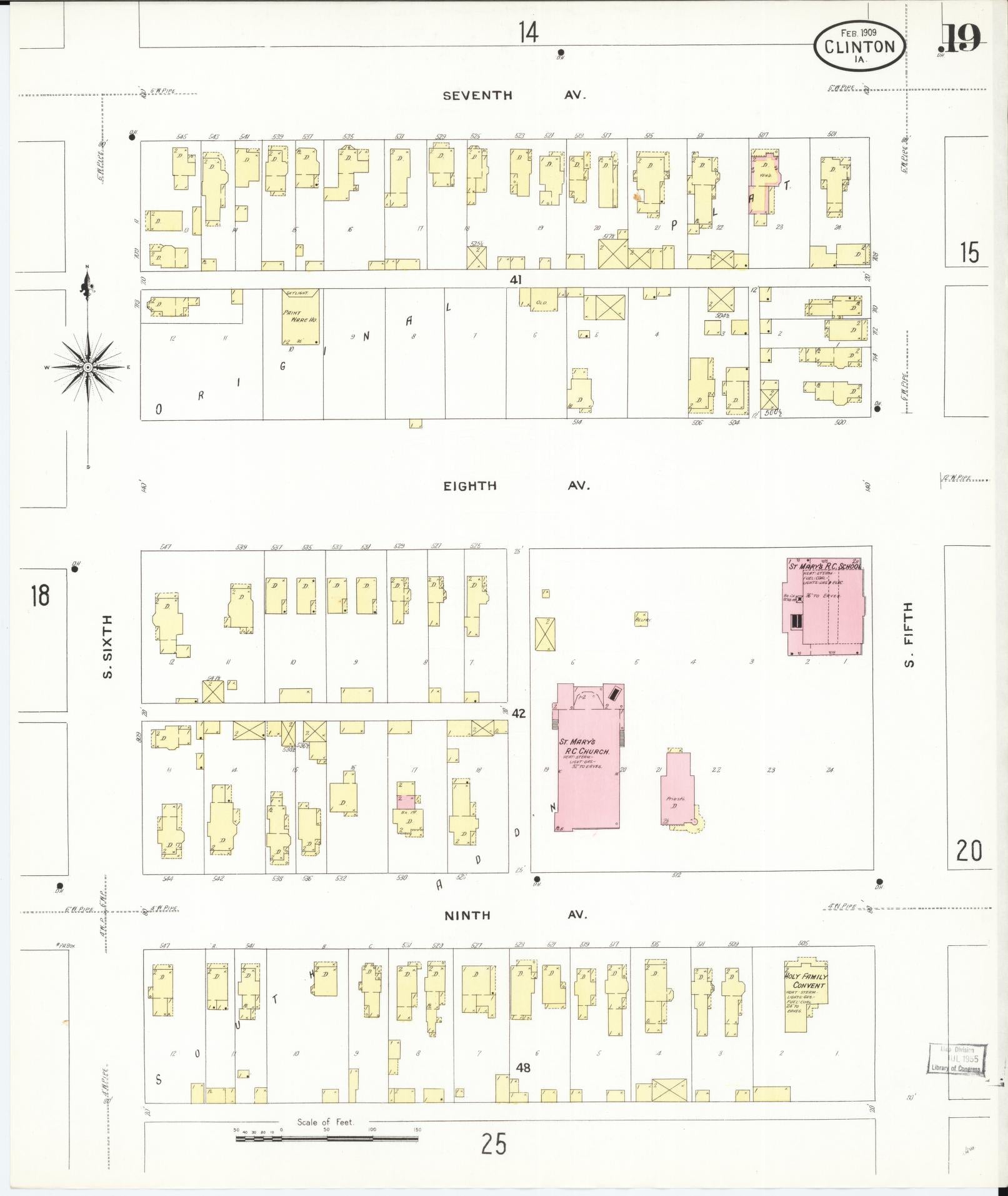 Sanborn Fire Insurance Map from Clinton, Clinton County, Iowa (1909), Sheet #0019 - Historic Sanborn Fire Insurance Map Print, vintage old map wall art