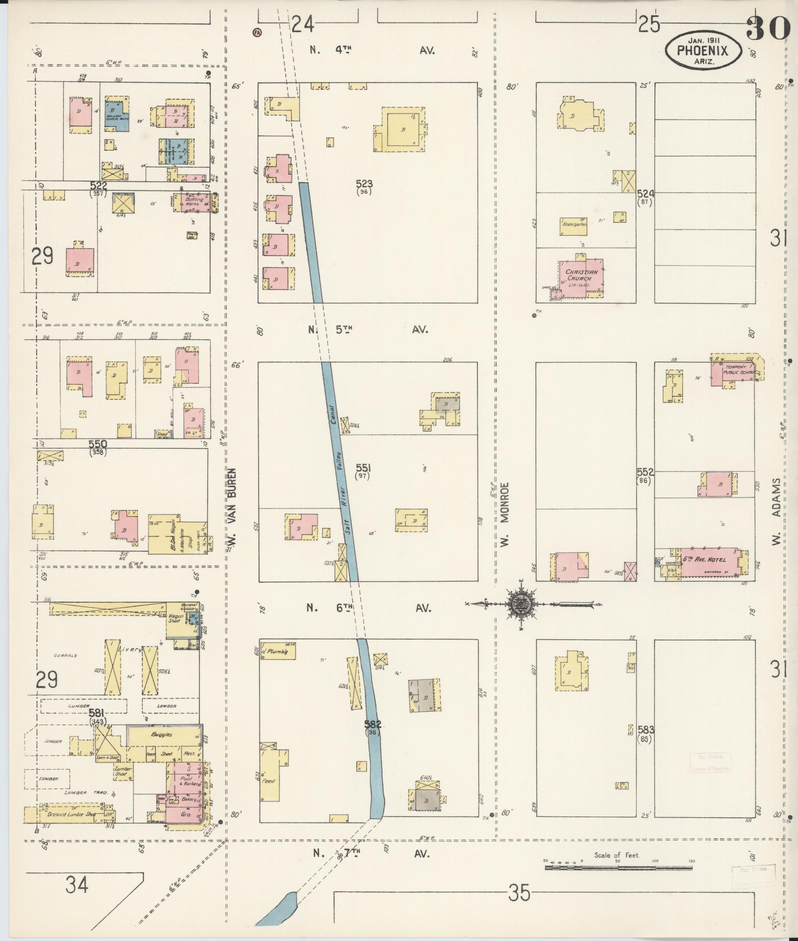 Sanborn Fire Insurance Map from Phoenix, Maricopa County, Arizona (1911), Sheet #0030 - Historic Sanborn Fire Insurance Map Print, vintage old map wall art, antique decor, genealogy gift, Arizona Arizona map