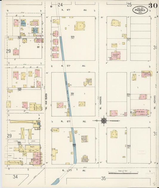 Sanborn Fire Insurance Map from Phoenix, Maricopa County, Arizona (1911), Sheet #0030 - Historic Sanborn Fire Insurance Map Print, vintage old map wall art, antique decor, genealogy gift, Arizona Arizona map
