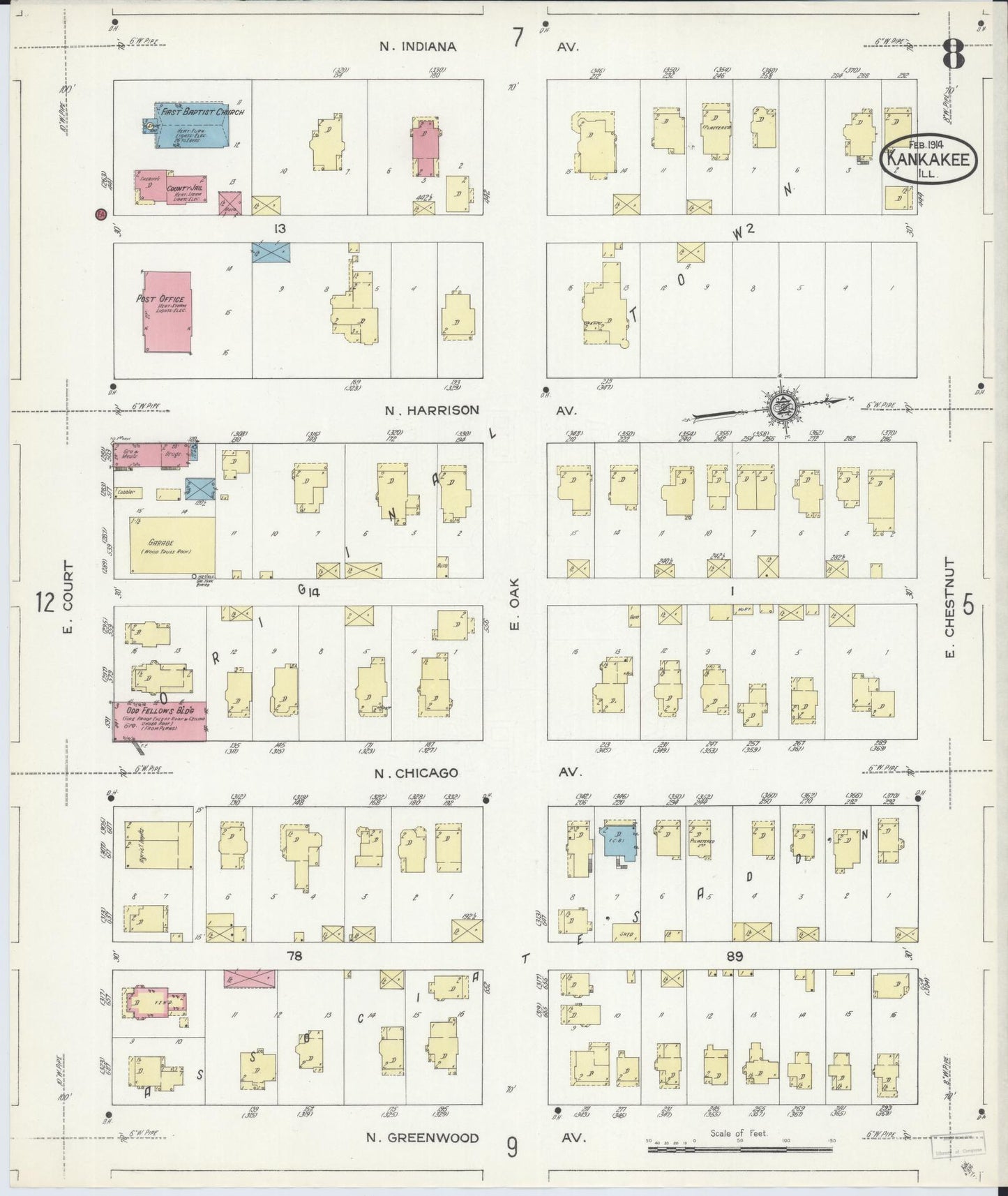 Sanborn Fire Insurance Map from Kankakee, Kankakee County, Illinois (1914), Sheet #0008 - Historic Sanborn Fire Insurance Map Print, vintage old map wall art, antique decor, genealogy gift, Illinois Illinois map