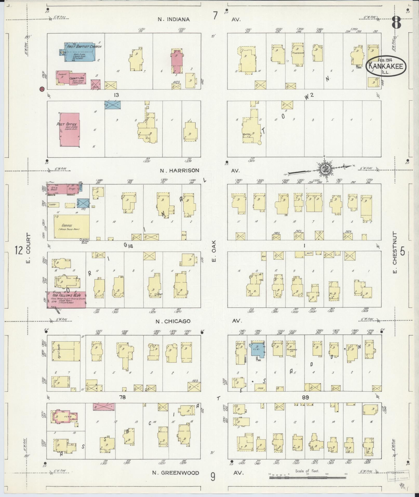 Sanborn Fire Insurance Map from Kankakee, Kankakee County, Illinois (1914), Sheet #0008 - Historic Sanborn Fire Insurance Map Print, vintage old map wall art, antique decor, genealogy gift, Illinois Illinois map