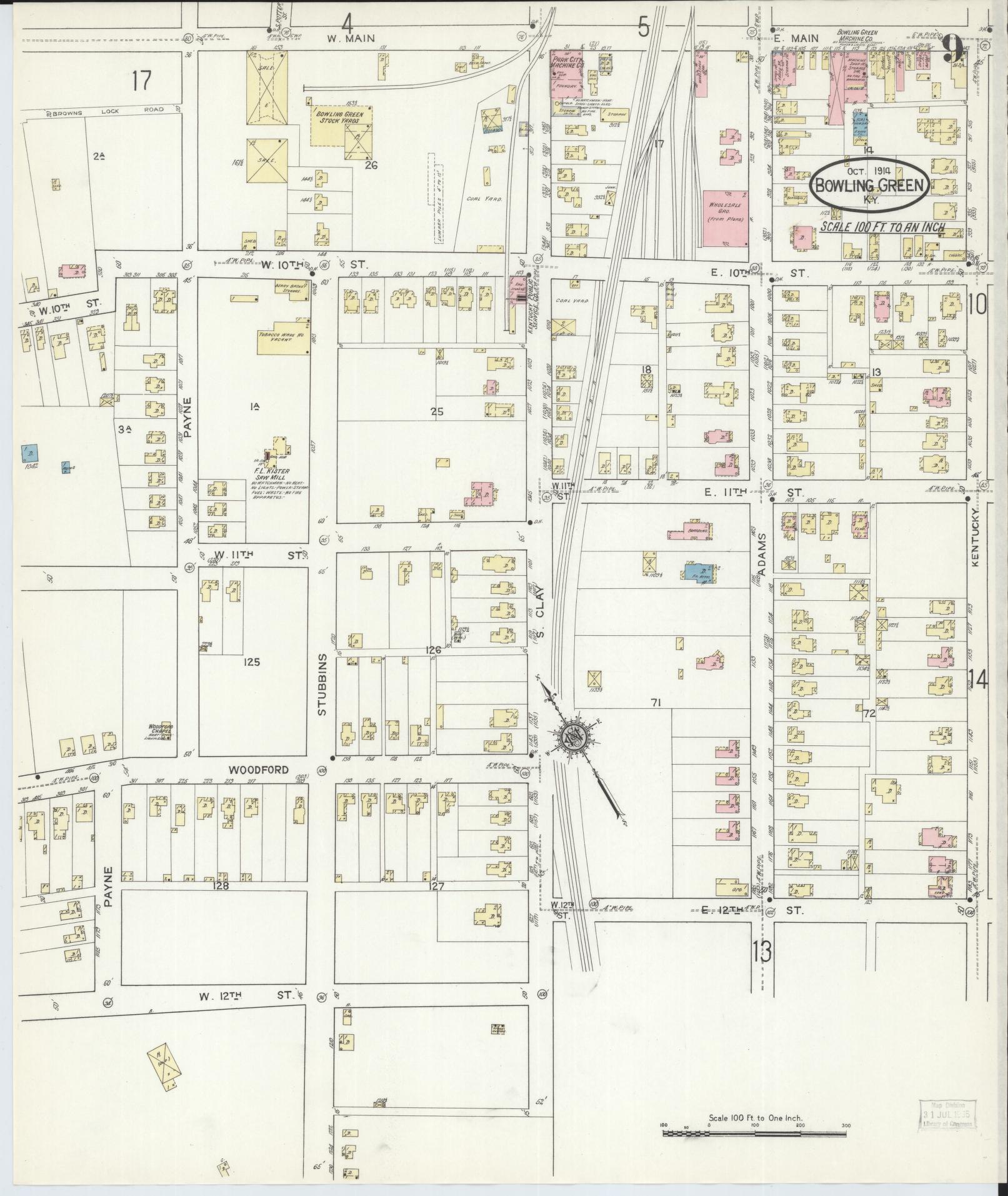 Sanborn Fire Insurance Map from Bowling Green, Warren County, Kentucky (1914), Sheet #0009 - Historic Sanborn Fire Insurance Map Print, vintage old map wall art, antique decor, genealogy gift, Kentucky Kentucky map