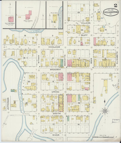 Sanborn Fire Insurance Map from Excelsior Springs, Clay County, Missouri (1894), Sheet #0002 - Complete Map Set gallery image, historic Sanborn map, vintage wall art, Missouri Missouri