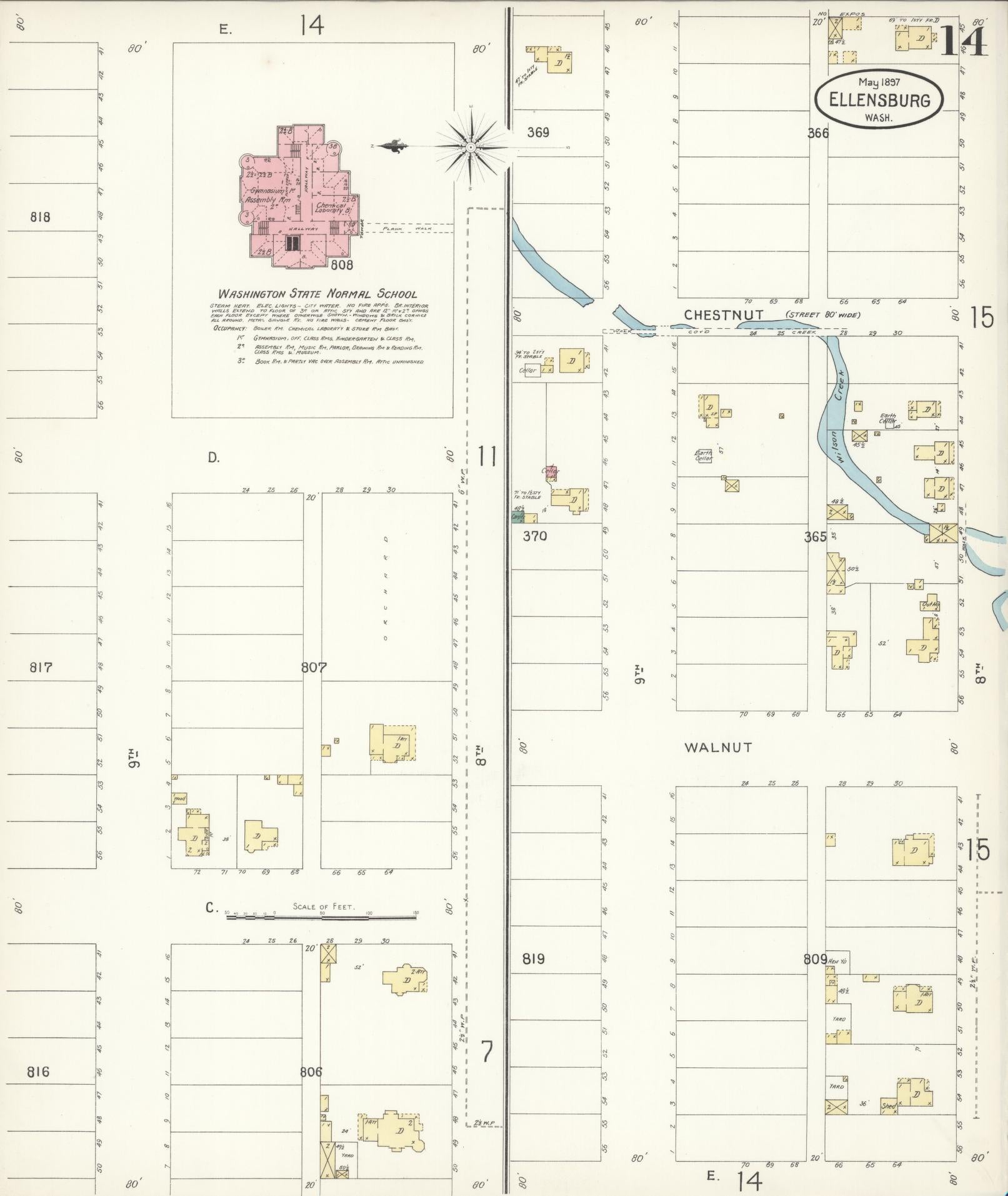 Sanborn Fire Insurance Map from Ellensburg, Kittitas County, Washington (1897), Sheet #0014 - Complete Map Set gallery image, historic Sanborn map, vintage wall art, Washington Washington