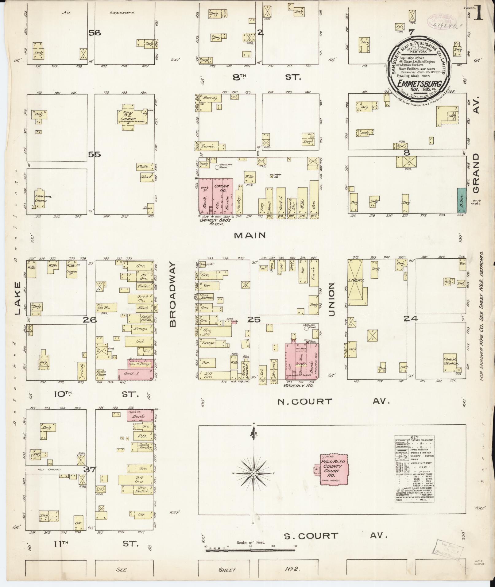 Sanborn Fire Insurance Map from Emmetsburg, Palo Alto County, Iowa (1885), Sheet #0001 - Historic Sanborn Fire Insurance Map Print, vintage old map wall art
