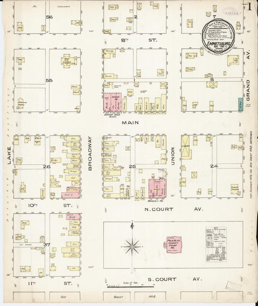 Sanborn Fire Insurance Map from Emmetsburg, Palo Alto County, Iowa (1885), Sheet #0001 - Historic Sanborn Fire Insurance Map Print, vintage old map wall art