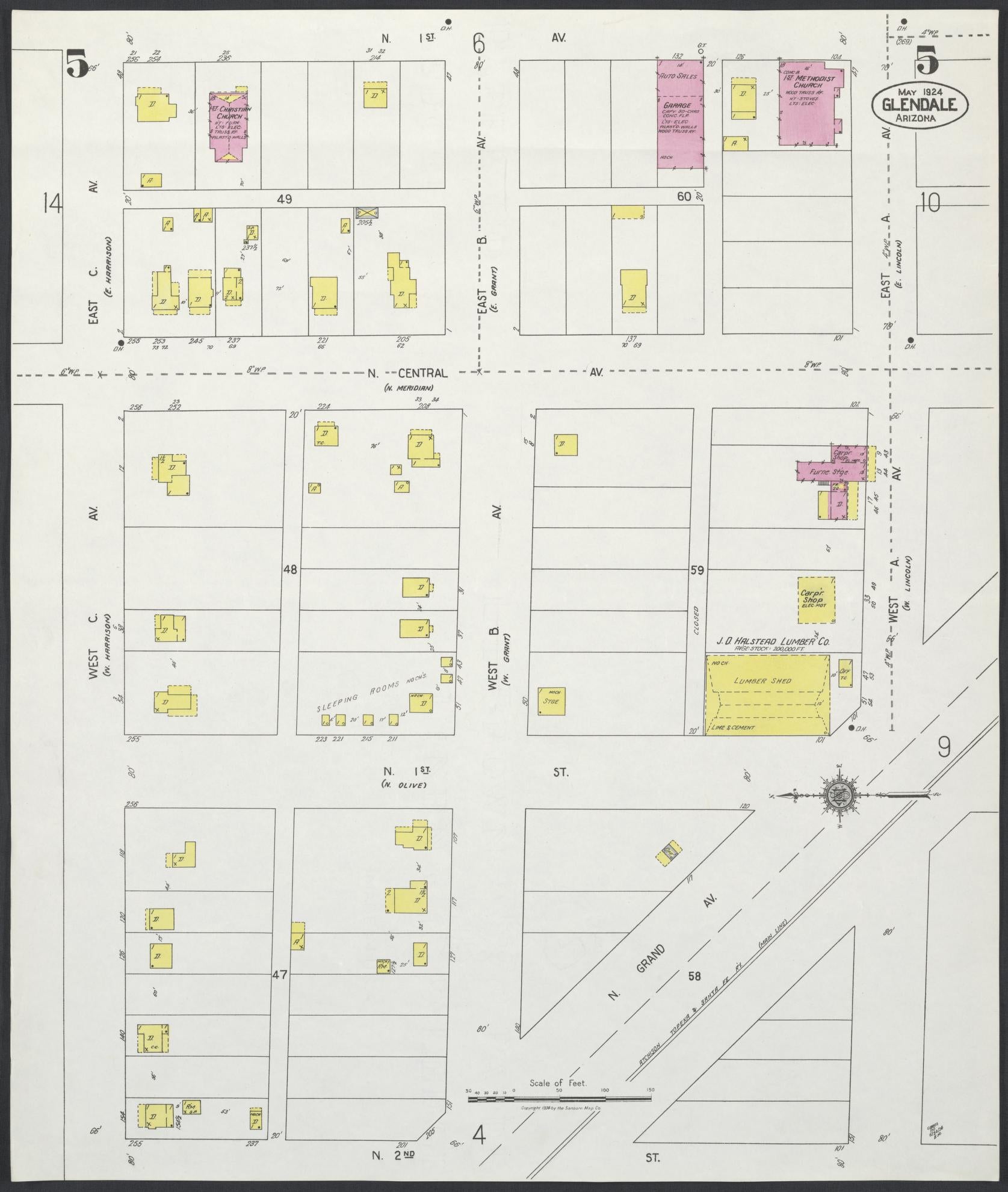 Sanborn Fire Insurance Map from Glendale, Maricopa County, Arizona (1924), Sheet #0005 - Historic Sanborn Fire Insurance Map Print, vintage old map wall art, antique decor, genealogy gift, Arizona Arizona map