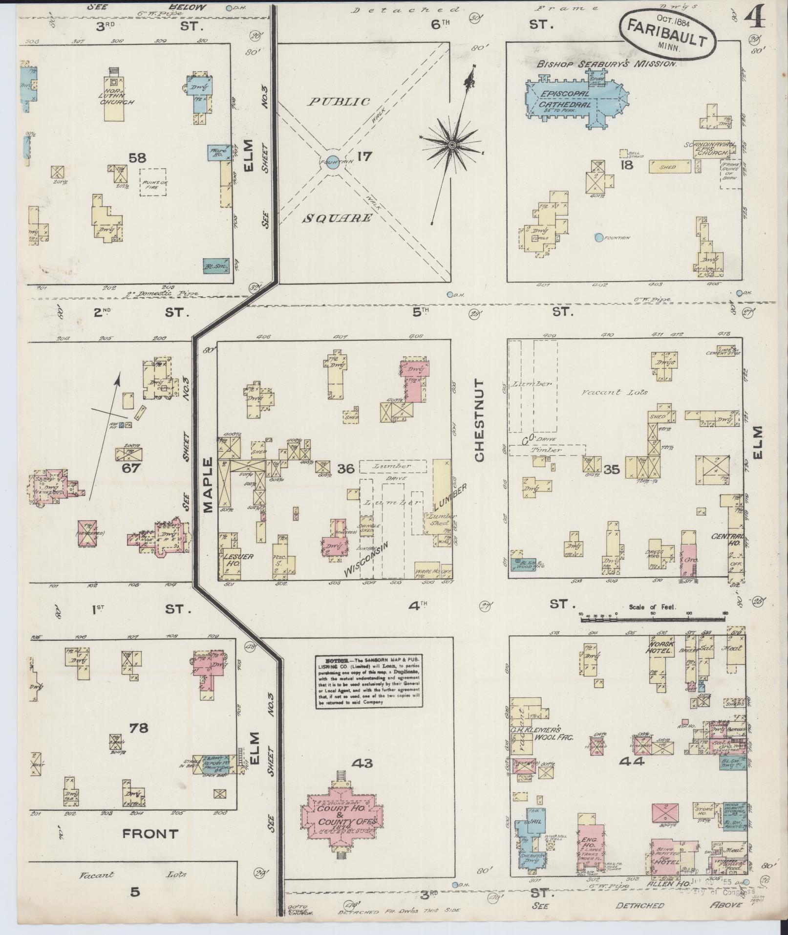 Sanborn Fire Insurance Map from Faribault, Rice County, Minnesota (1884), Sheet #0004 - Historic Sanborn Fire Insurance Map Print, vintage old map wall art, antique decor, genealogy gift, Minnesota Minnesota map