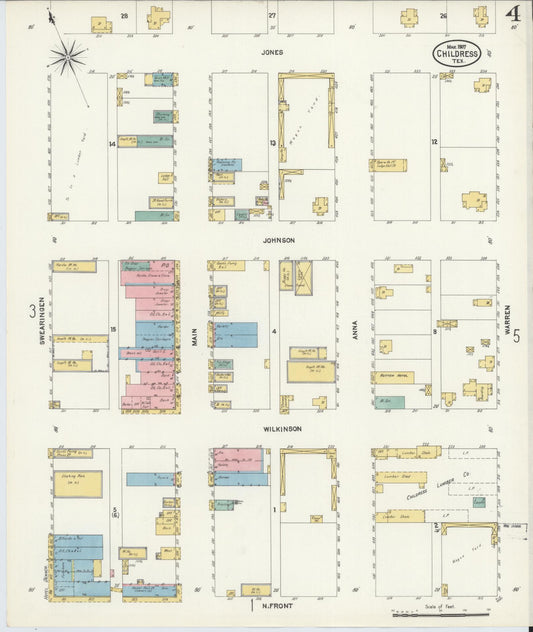 Sanborn Fire Insurance Map from Childress, Childress County, Texas (1907), Sheet #0004 - Historic Sanborn Fire Insurance Map Print, vintage old map wall art, antique decor, genealogy gift, Texas Texas map
