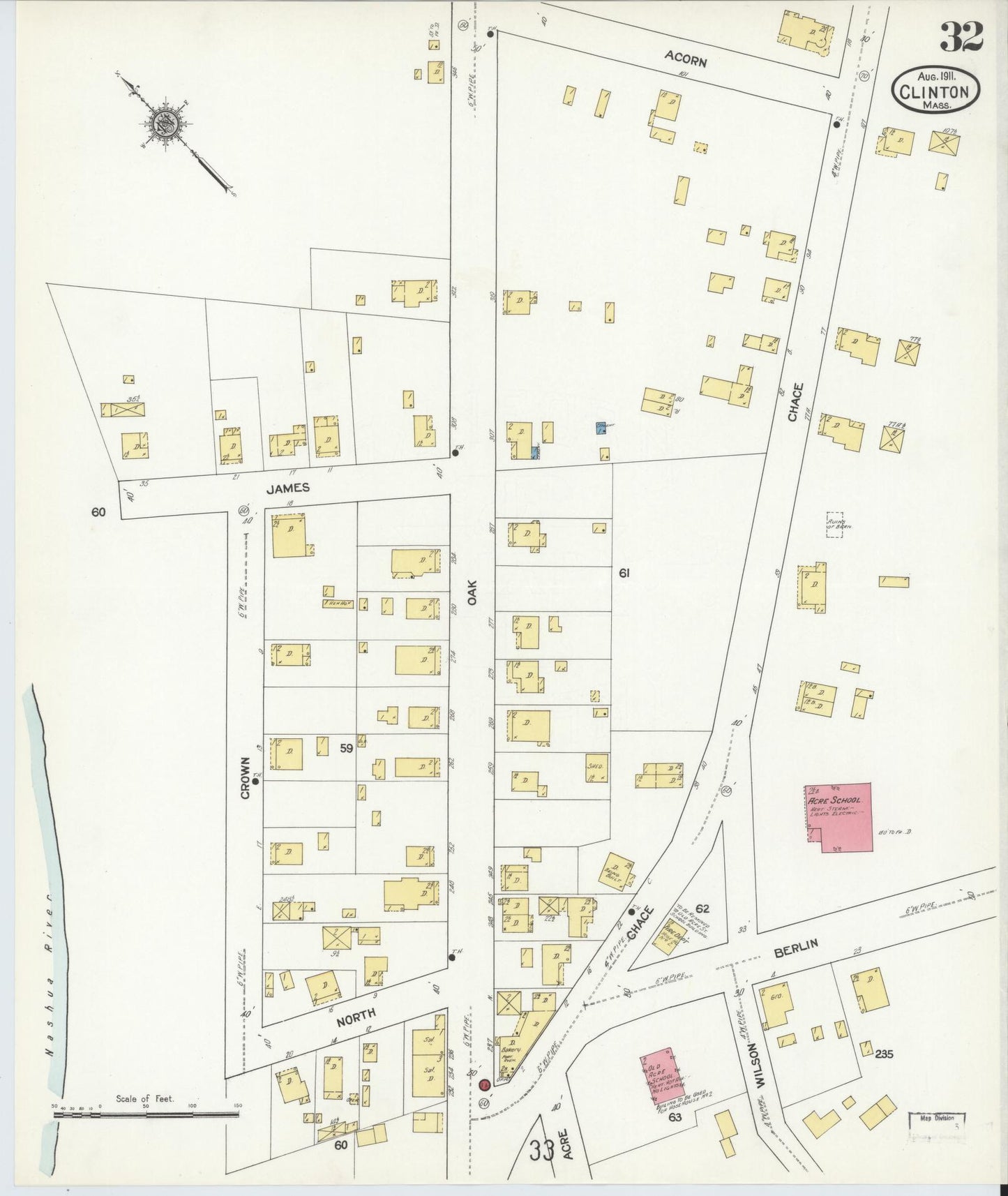 Sanborn Fire Insurance Map from Clinton, Worcester County, Massachusetts (1911), Sheet #0032 - Complete Map Set gallery image, historic Sanborn map, vintage wall art, Massachusetts Massachusetts