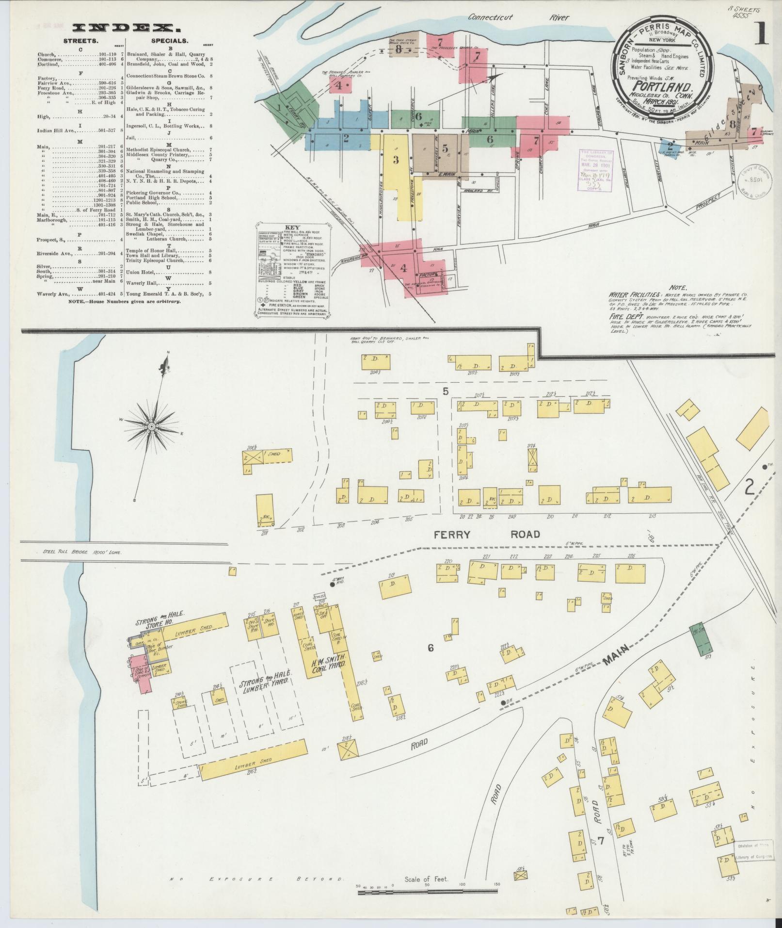 Sanborn Fire Insurance Map from Portland, Middlesex County, Connecticut (1901), Sheet #0001 - Historic Sanborn Fire Insurance Map Print, vintage old map wall art, antique decor, genealogy gift, Connecticut Connecticut map