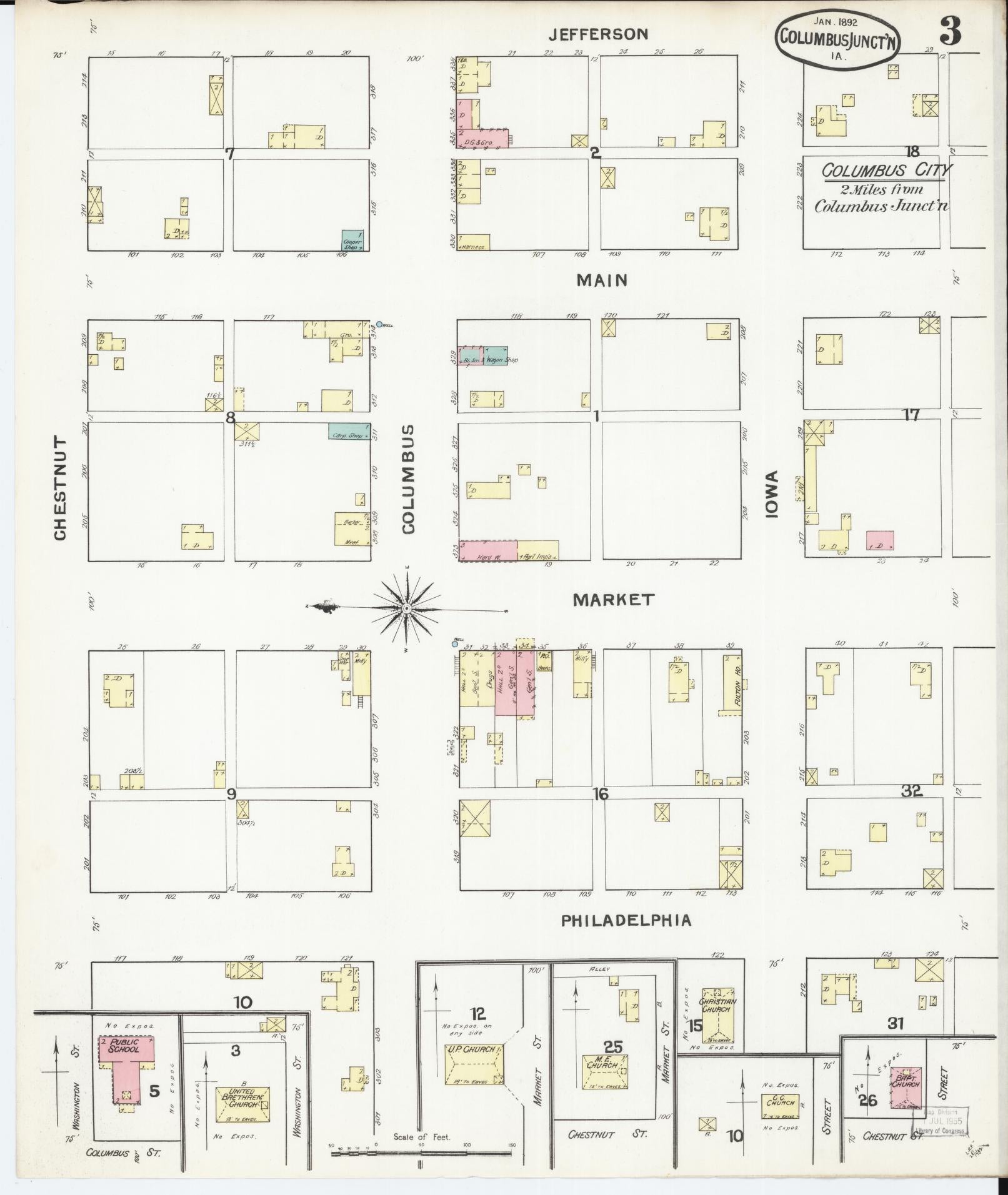 Sanborn Fire Insurance Map from Columbus Junction, Louisa County, Iowa (1892), Sheet #0003 - Historic Sanborn Fire Insurance Map Print, vintage old map wall art
