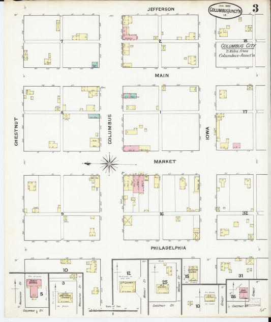 Sanborn Fire Insurance Map from Columbus Junction, Louisa County, Iowa (1892), Sheet #0003 - Historic Sanborn Fire Insurance Map Print, vintage old map wall art