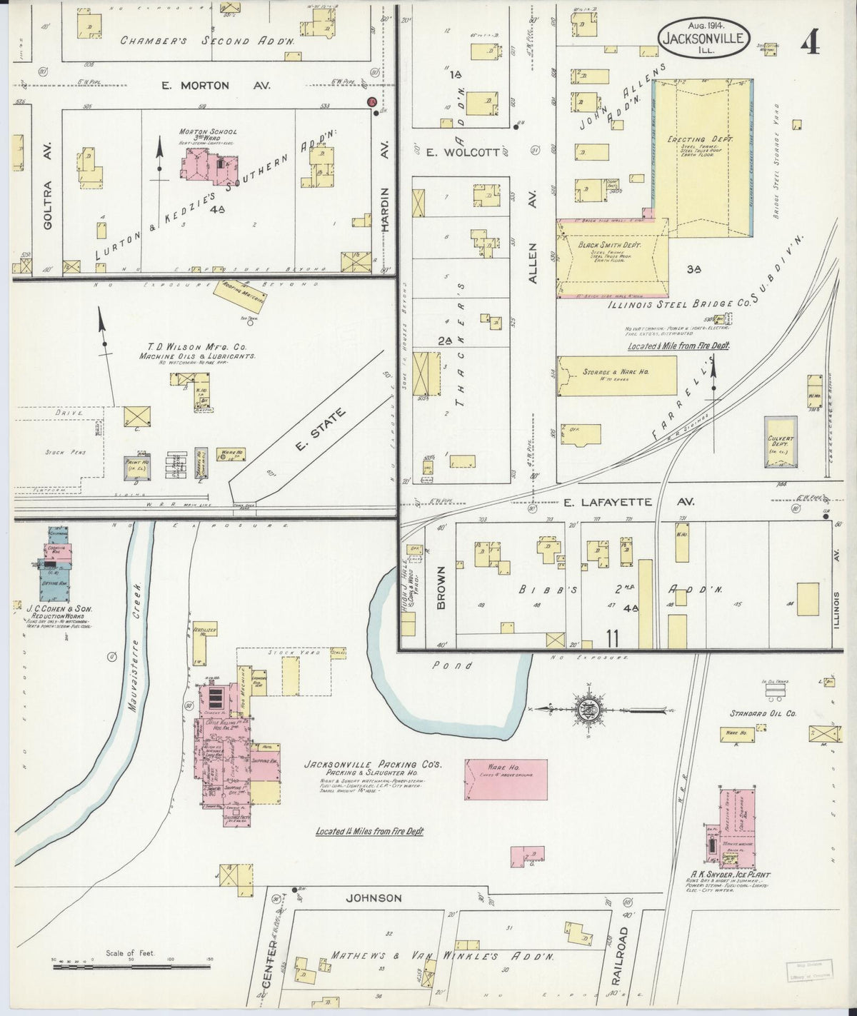 Sanborn Fire Insurance Map from Jacksonville, Morgan County, Illinois (1914), Sheet #0004 - Historic Sanborn Fire Insurance Map Print, vintage old map wall art, antique decor, genealogy gift, Illinois Illinois map