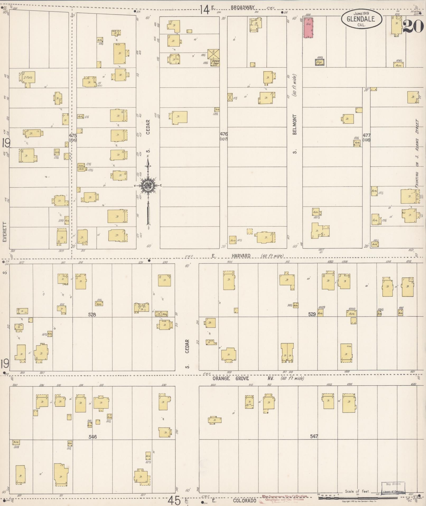 Sanborn Fire Insurance Map from Glendale, Los Angeles County, California (1919), Sheet #0020 - Historic Sanborn Fire Insurance Map Print, vintage old map wall art, antique decor, genealogy gift, California California map