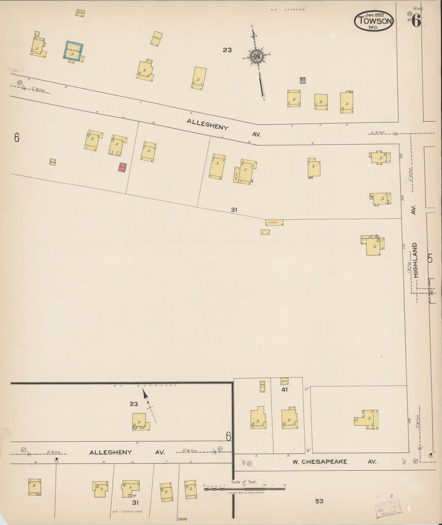 Sanborn Fire Insurance Map from Towson, Baltimore County, Maryland (1922), Sheet #0006 - Historic Sanborn Fire Insurance Map Print, vintage old map wall art