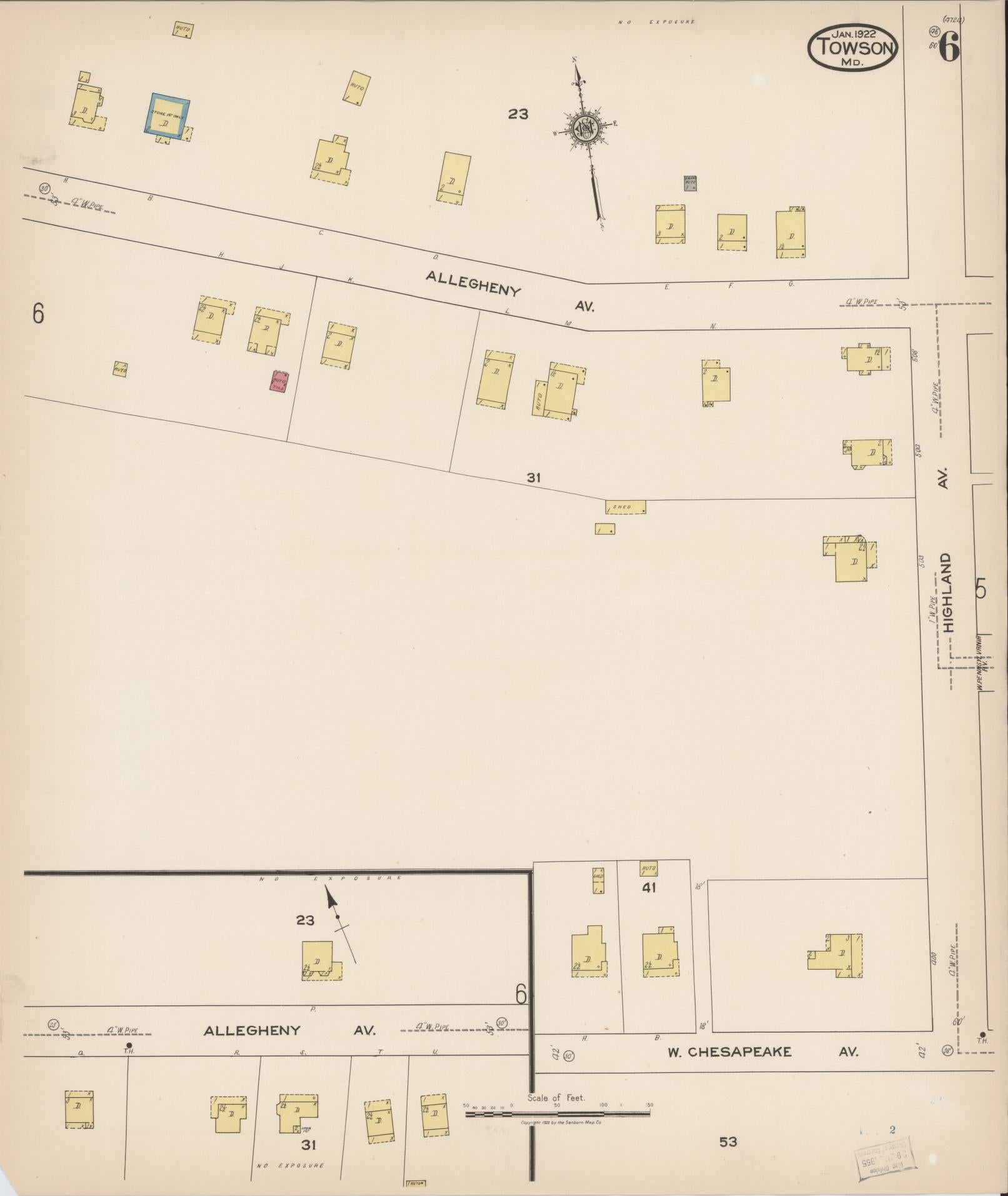 Sanborn Fire Insurance Map from Towson, Baltimore County, Maryland (1922), Sheet #0006 - Historic Sanborn Fire Insurance Map Print, vintage old map wall art