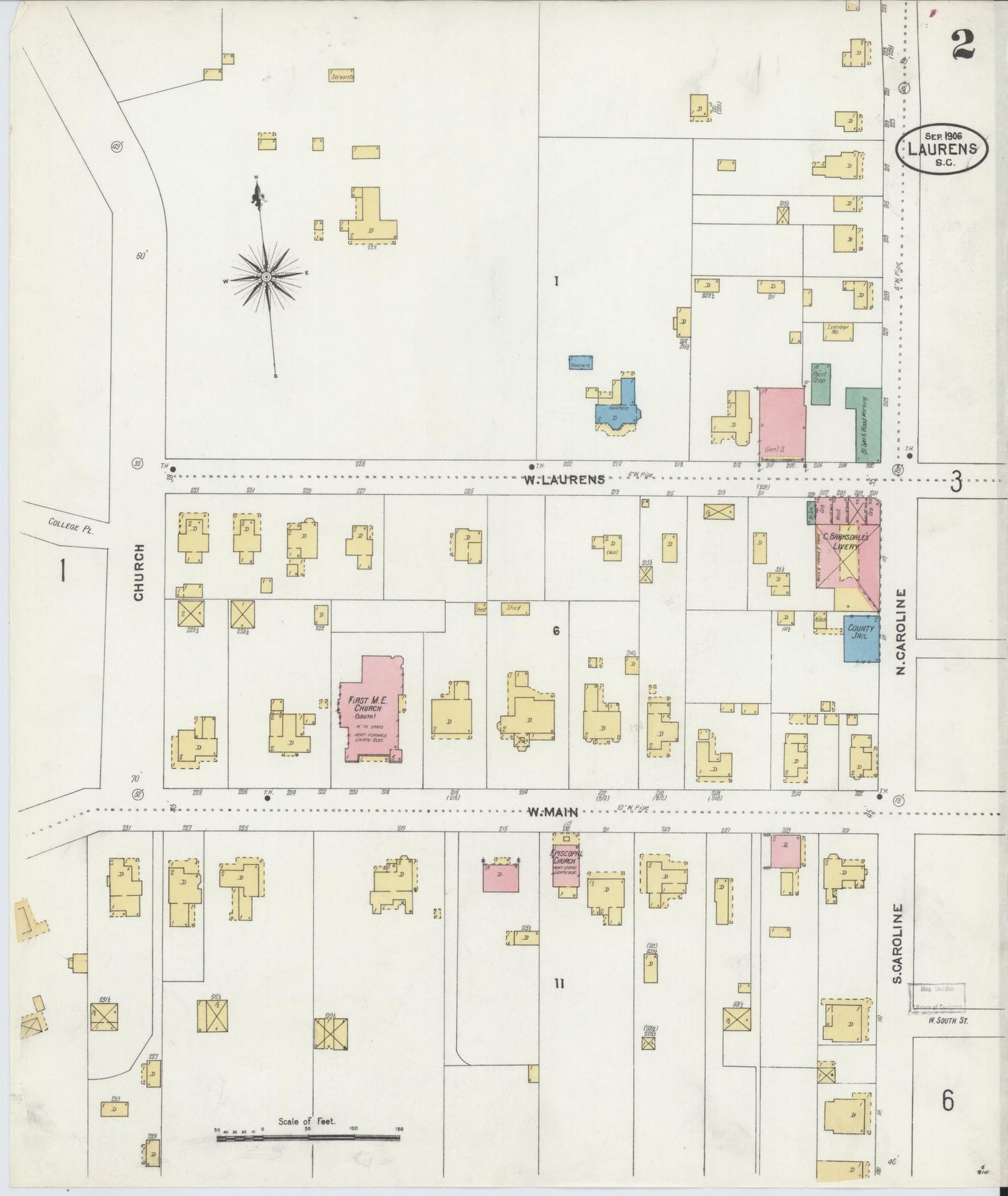 Sanborn Fire Insurance Map from Laurens, Laurens County, South Carolina (1906), Sheet #0002 - Complete Map Set gallery image, historic Sanborn map, vintage wall art, South Carolina South Carolina
