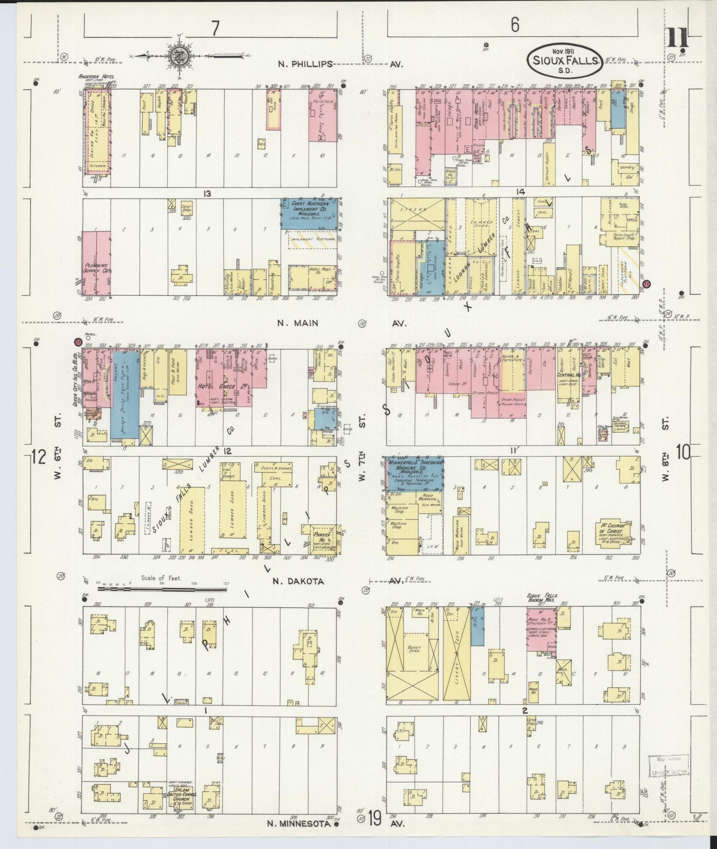 Sanborn Fire Insurance Map from Sioux Falls, Minnehaha County, South Dakota (1911), Sheet #0011 - Complete Map Set gallery image, historic Sanborn map, vintage wall art, South Dakota South Dakota