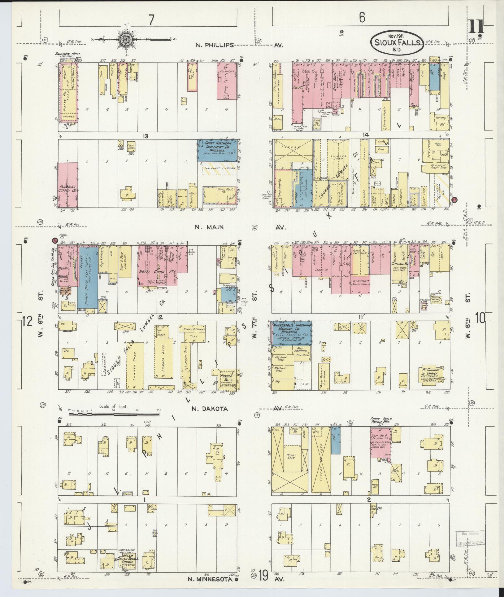 Sanborn Fire Insurance Map from Sioux Falls, Minnehaha County, South Dakota (1911), Sheet #0011 - Complete Map Set gallery image, historic Sanborn map, vintage wall art, South Dakota South Dakota