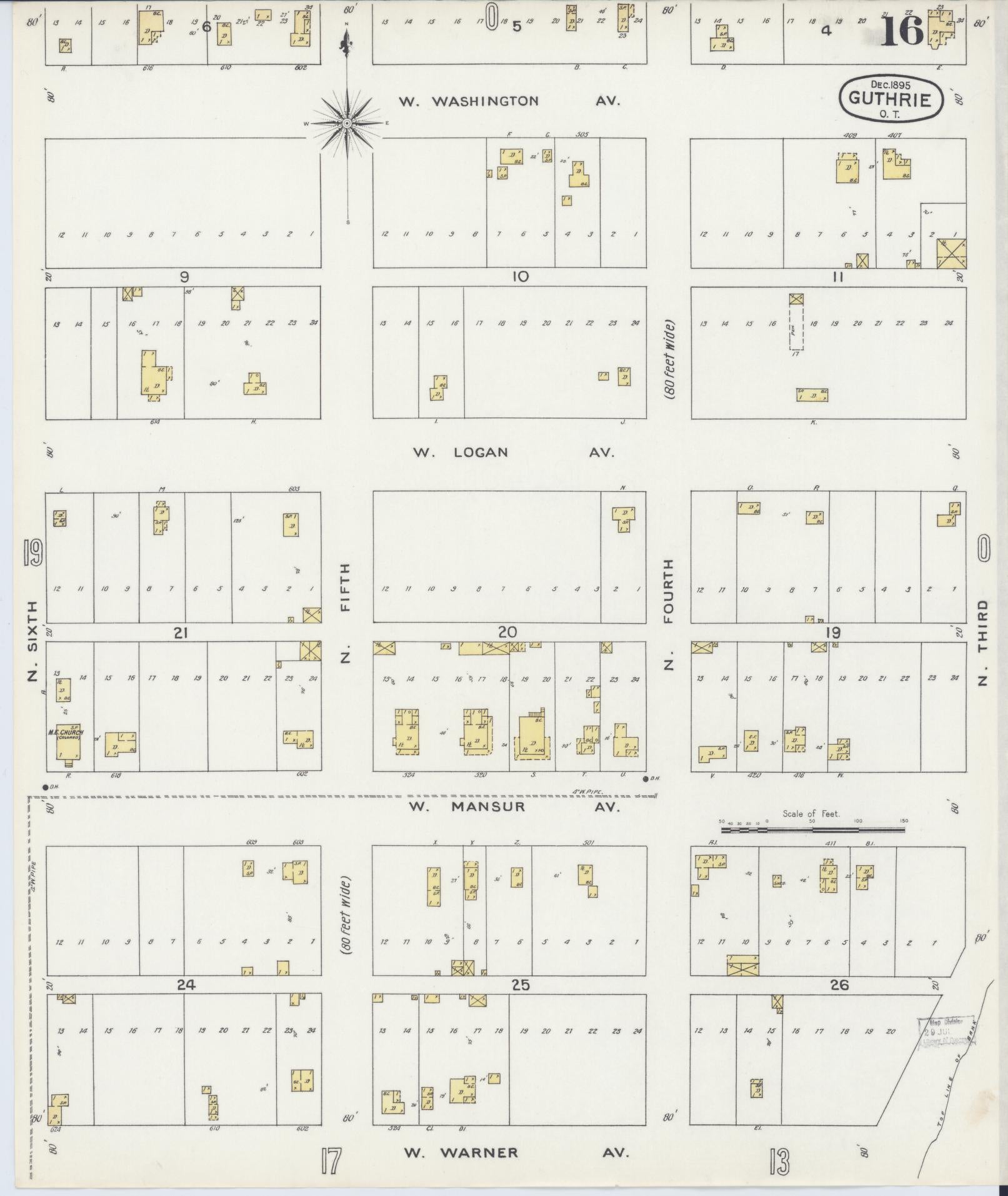 Sanborn Fire Insurance Map from Guthrie, Logan County, Oklahoma (1895), Sheet #0016 - Historic Sanborn Fire Insurance Map Print, vintage old map wall art, antique decor, genealogy gift, Oklahoma Oklahoma map