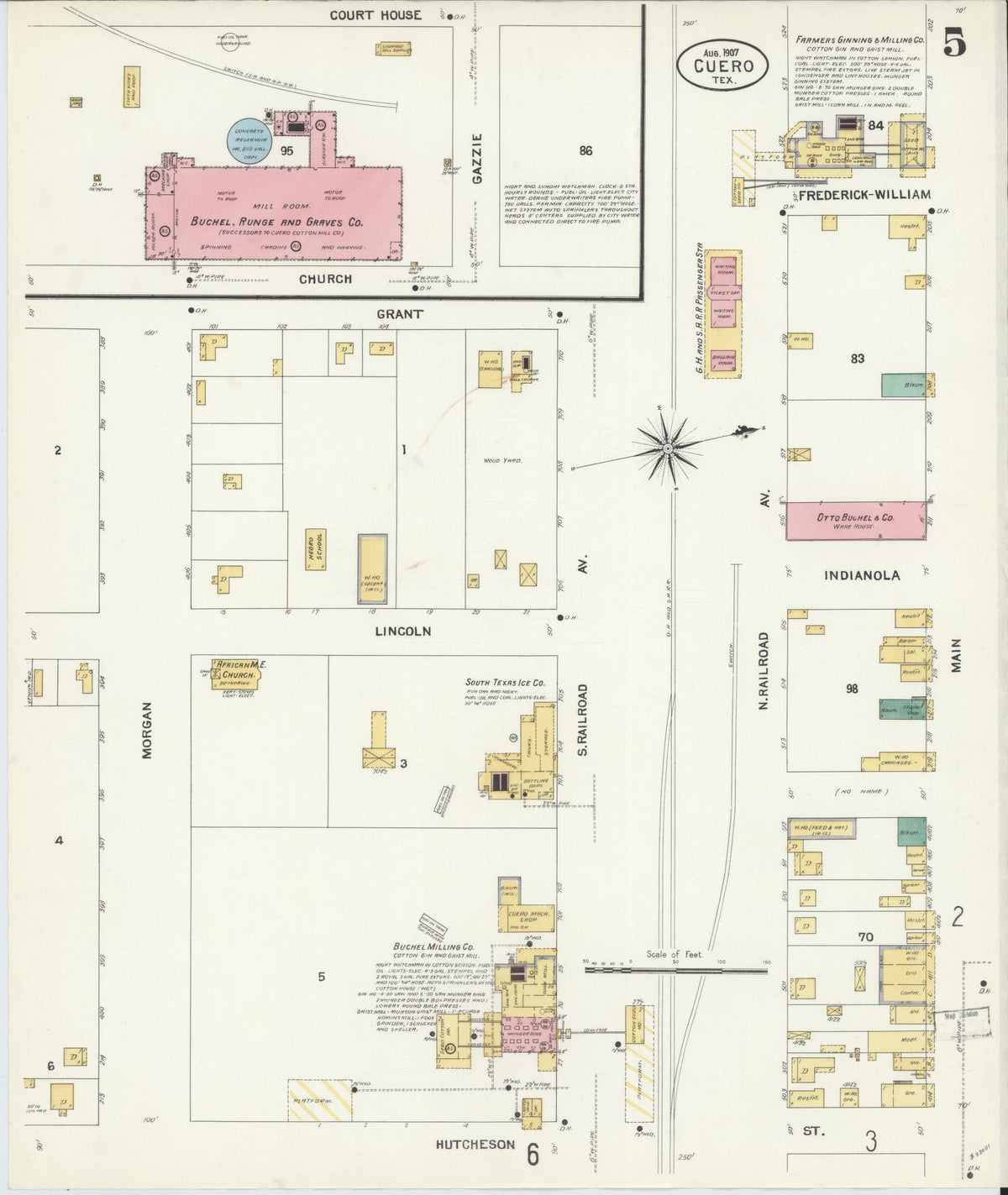 Sanborn Fire Insurance Map from Cuero, De Witt County, Texas (1907), Sheet #0005 - Historic Sanborn Fire Insurance Map Print, vintage old map wall art, antique decor, genealogy gift, Texas Texas map
