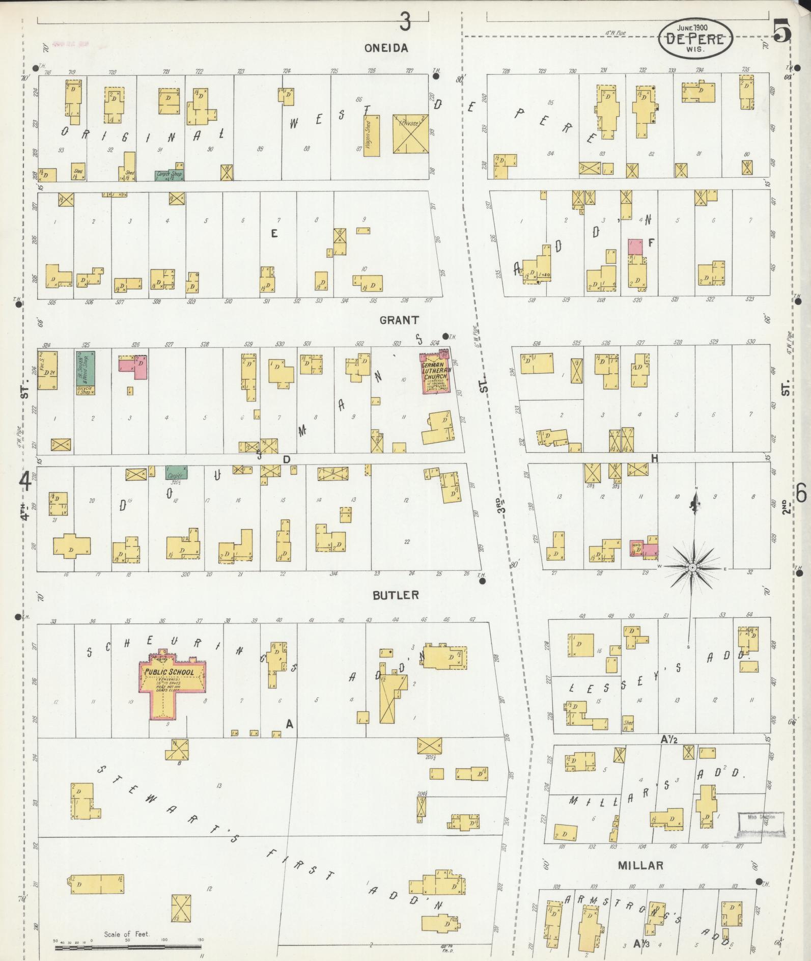Sanborn Fire Insurance Map from De Pere, Brown County, Wisconsin (1900), Sheet #0005 - Historic Sanborn Fire Insurance Map Print, vintage old map wall art, antique decor, genealogy gift, Wisconsin Wisconsin map