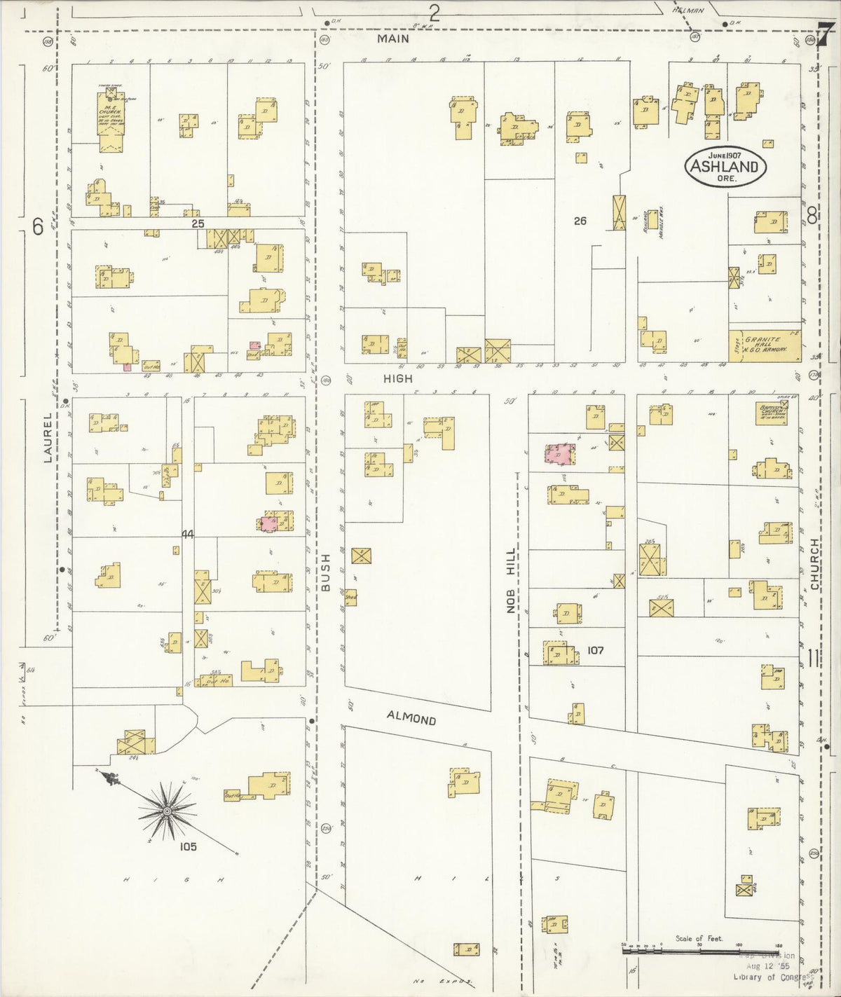 Sanborn Fire Insurance Map from Ashland, Jackson County, Oregon (1907), Sheet #0007 - Historic Sanborn Fire Insurance Map Print, vintage old map wall art, antique decor, genealogy gift, Oregon Oregon map