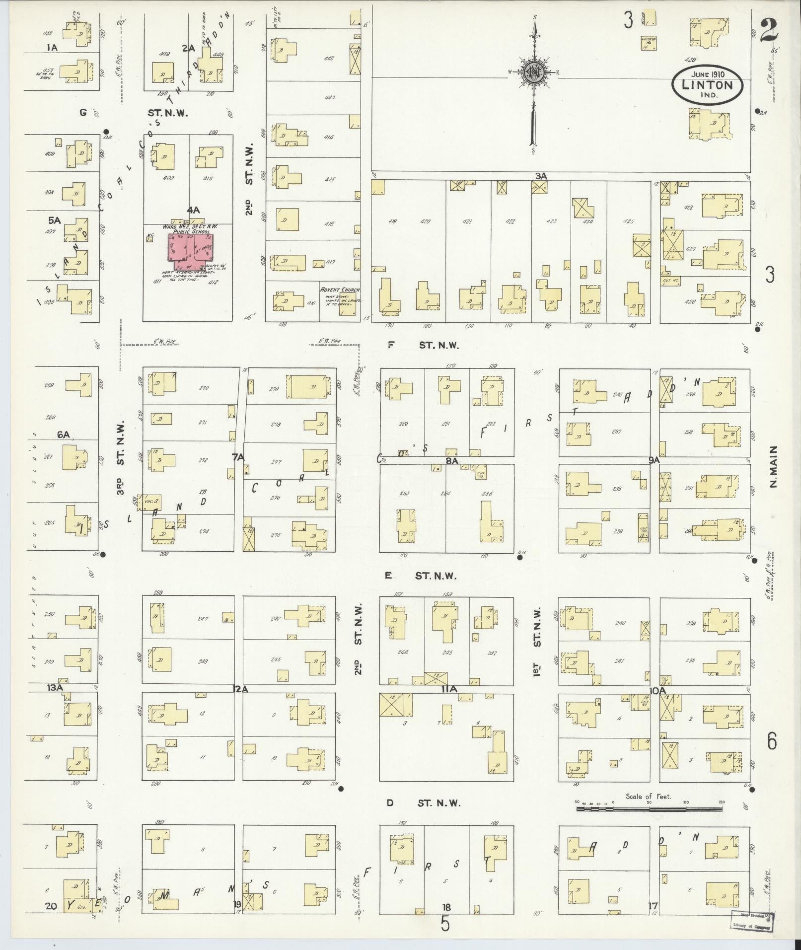 Sanborn Fire Insurance Map from Linton, Greene County, Indiana (1910), Sheet #0002 - Complete Map Set gallery image, historic Sanborn map, vintage wall art, Indiana Indiana
