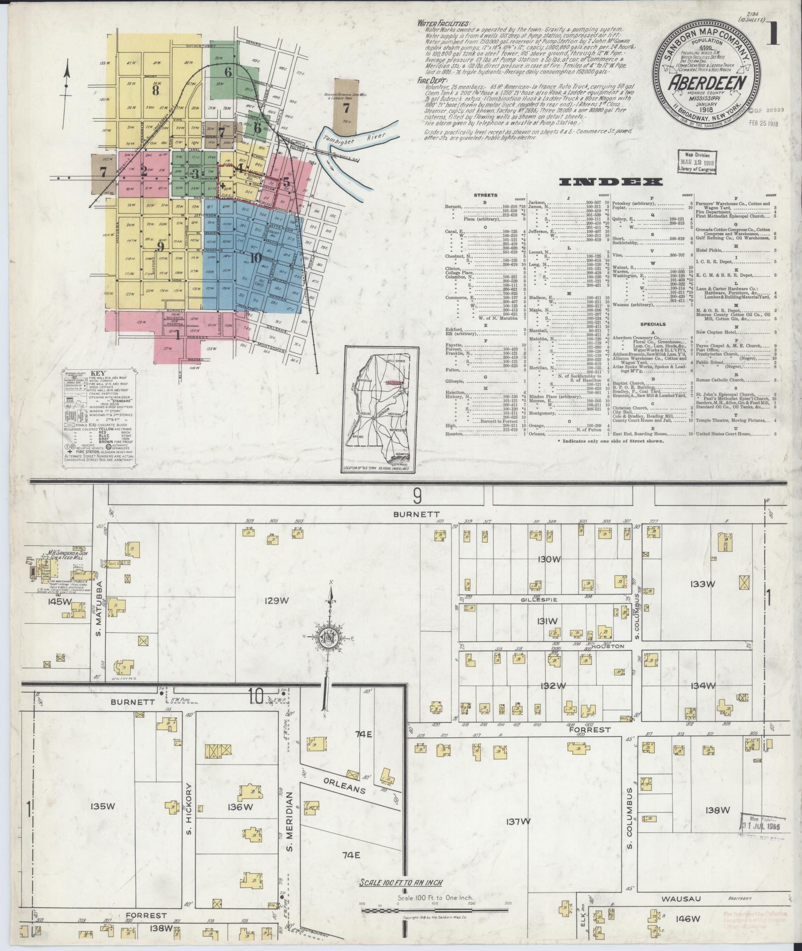 Sanborn Fire Insurance Map from Aberdeen, Monroe County, Mississippi (1918), Sheet #0001 - Complete Map Set gallery image, historic Sanborn map, vintage wall art, Mississippi Mississippi