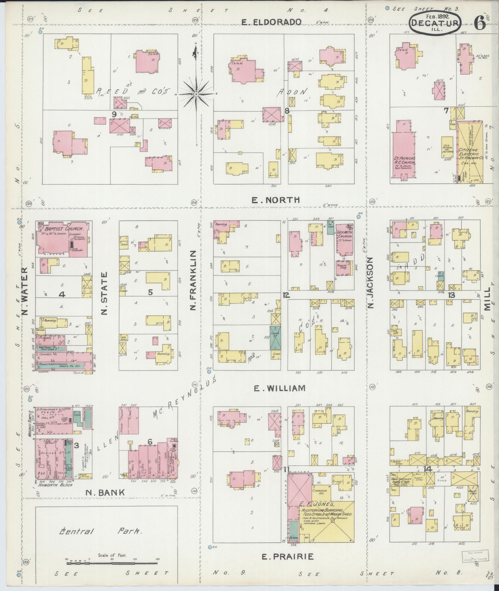 Sanborn Fire Insurance Map from Decatur, Macon County, Illinois (1892), Sheet #0006 - Historic Sanborn Fire Insurance Map Print, vintage old map wall art, antique decor, genealogy gift, Illinois Illinois map