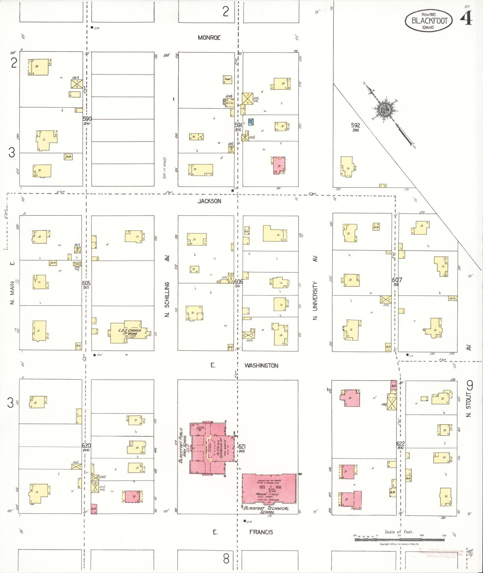 Sanborn Fire Insurance Map from Blackfoot, Bingham County, Idaho (1921), Sheet #0004 - Historic Sanborn Fire Insurance Map Print, vintage old map wall art, antique decor, genealogy gift, Idaho Idaho map