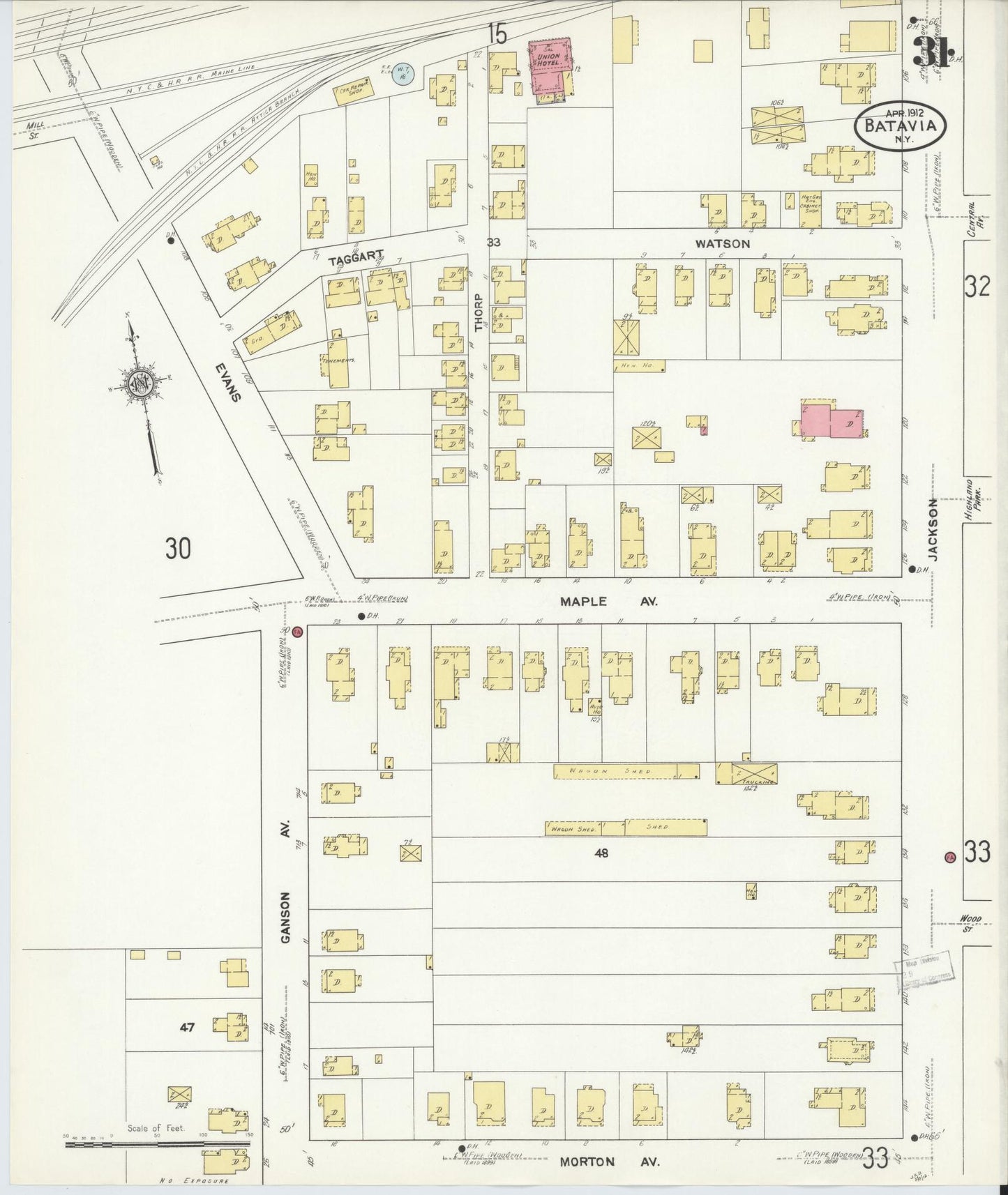 Sanborn Fire Insurance Map from Batavia, Genesee County, New York (1912), Sheet #0031 - Historic Sanborn Fire Insurance Map Print, vintage old map wall art, antique decor, genealogy gift, New York New York map
