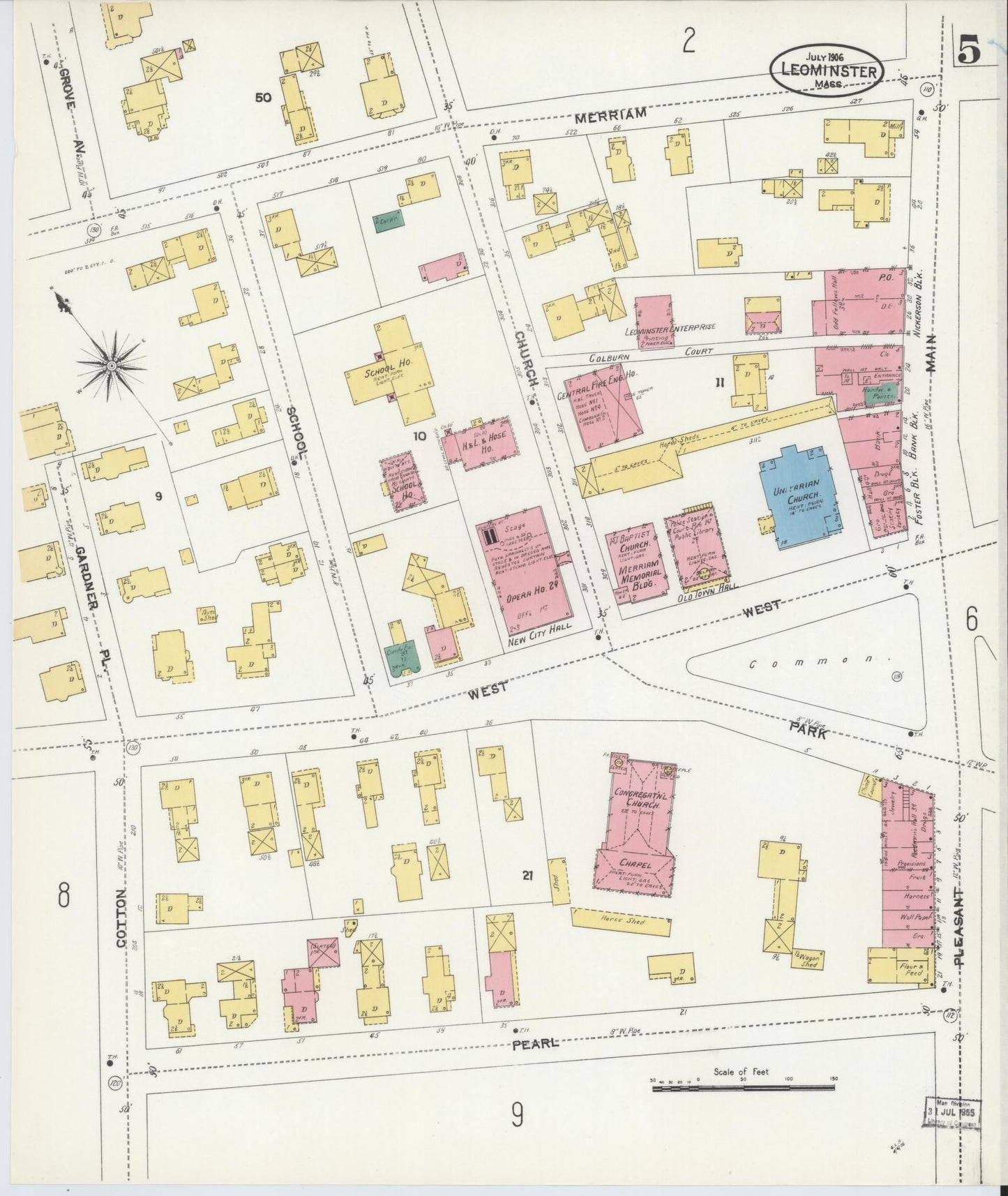 Sanborn Fire Insurance Map from Leominster, Worcester County, Massachusetts (1906), Sheet #0005 - Historic Sanborn Fire Insurance Map Print, vintage old map wall art, antique decor, genealogy gift, Massachusetts Massachusetts map
