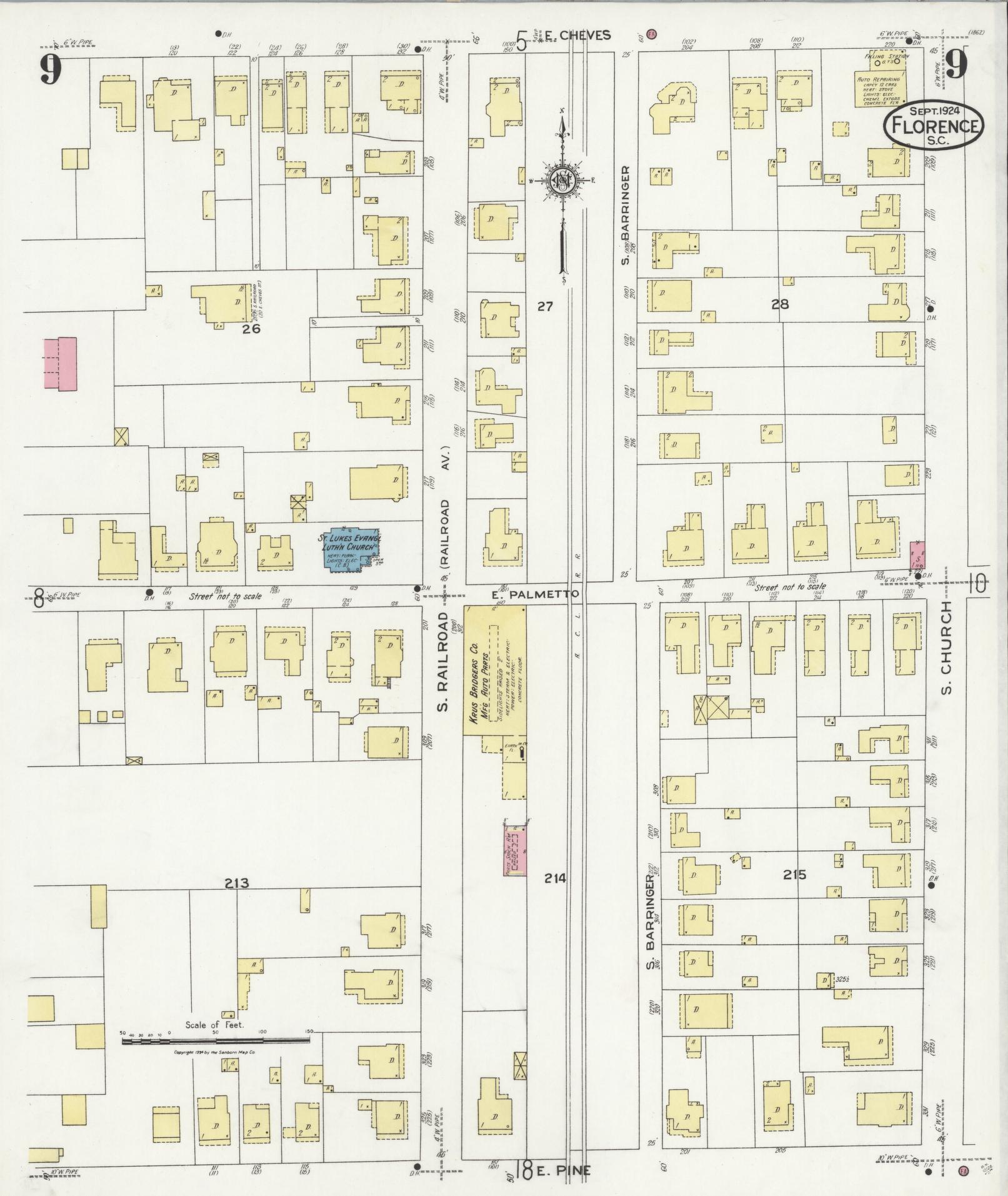 Sanborn Fire Insurance Map from Florence, Florence County, South Carolina (1924), Sheet #0009 - Historic Sanborn Fire Insurance Map Print, vintage old map wall art, antique decor, genealogy gift, South Carolina South Carolina map