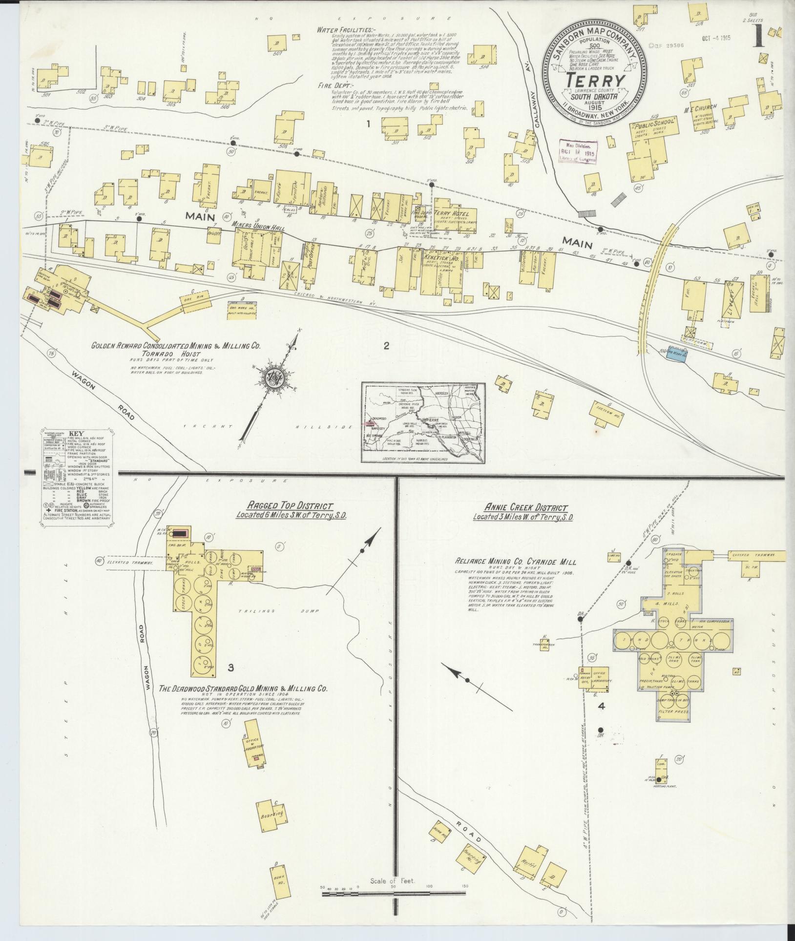 Sanborn Fire Insurance Map from Terry, Lawrence County, South Dakota (1915), Sheet #0001 - Complete Map Set gallery image, historic Sanborn map, vintage wall art, South Dakota South Dakota