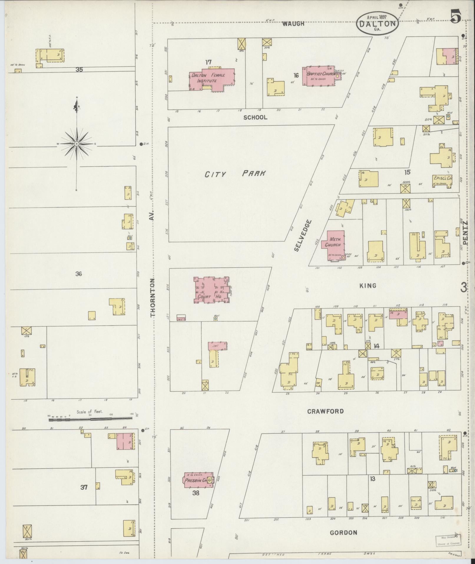 Sanborn Fire Insurance Map from Dalton, Whitfield County, Georgia (1897), Sheet #0005 - Historic Sanborn Fire Insurance Map Print, vintage old map wall art, antique decor, genealogy gift, Georgia Georgia map