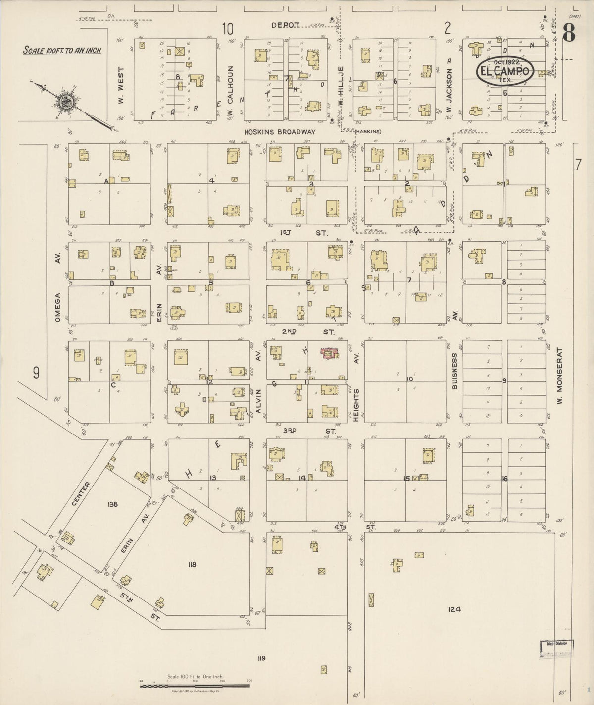 Sanborn Fire Insurance Map from El Campo, Wharton County, Texas (1922), Sheet #0008 - Complete Map Set gallery image, historic Sanborn map, vintage wall art, Texas Texas