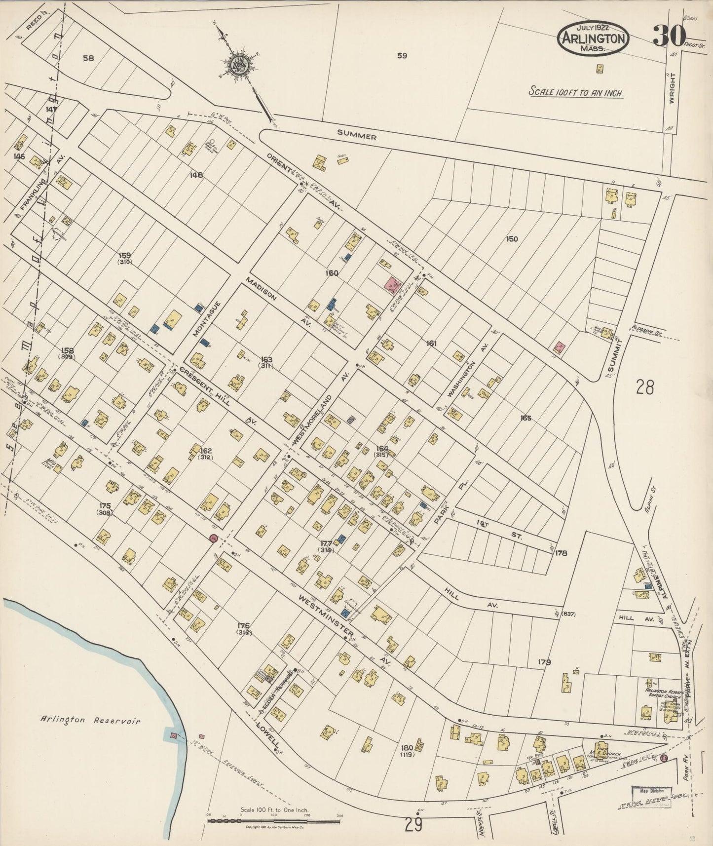 Sanborn Fire Insurance Map from Arlington, Middlesex County, Massachusetts (1922), Sheet #0030 - Historic Sanborn Fire Insurance Map Print, vintage old map wall art, antique decor, genealogy gift, Massachusetts Massachusetts map