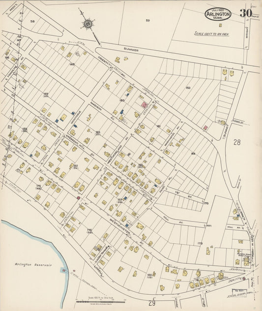 Sanborn Fire Insurance Map from Arlington, Middlesex County, Massachusetts (1922), Sheet #0030 - Historic Sanborn Fire Insurance Map Print, vintage old map wall art, antique decor, genealogy gift, Massachusetts Massachusetts map