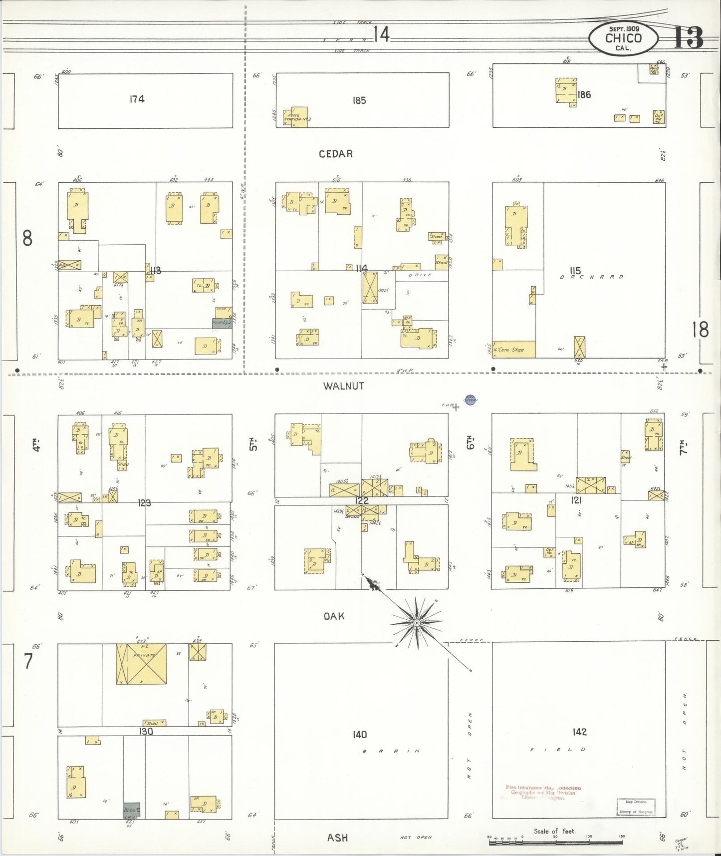 Sanborn Fire Insurance Map from Chico, Butte County, California (1909), Sheet #0013 - Complete Map Set gallery image, historic Sanborn map, vintage wall art, California California