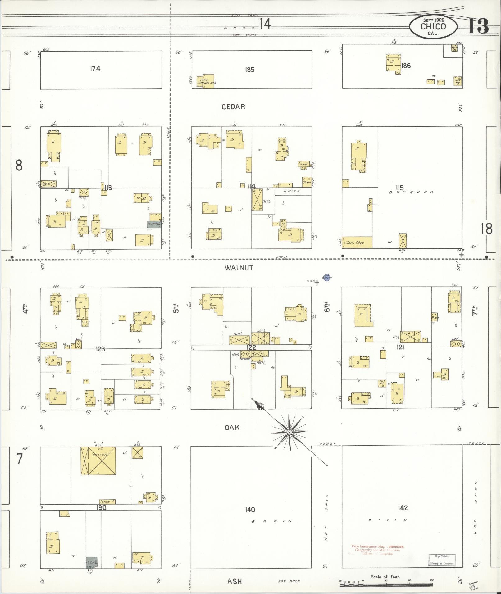 Sanborn Fire Insurance Map from Chico, Butte County, California (1909), Sheet #0013 - Complete Map Set gallery image, historic Sanborn map, vintage wall art, California California