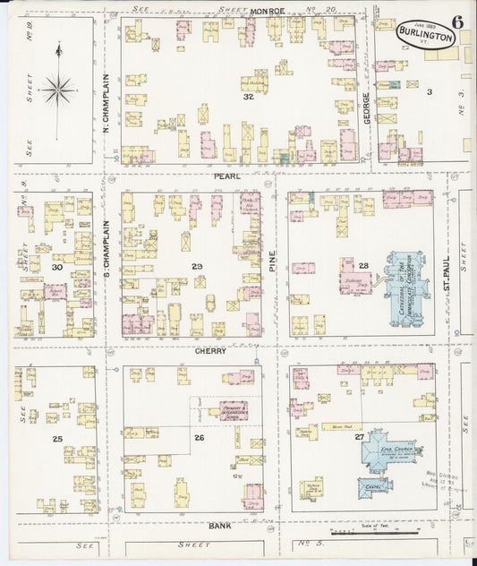 Sanborn Fire Insurance Map from Burlington, Chittenden County, Vermont (1889), Sheet #0006 - Historic Sanborn Fire Insurance Map Print, vintage old map wall art, antique decor, genealogy gift, Vermont Vermont map