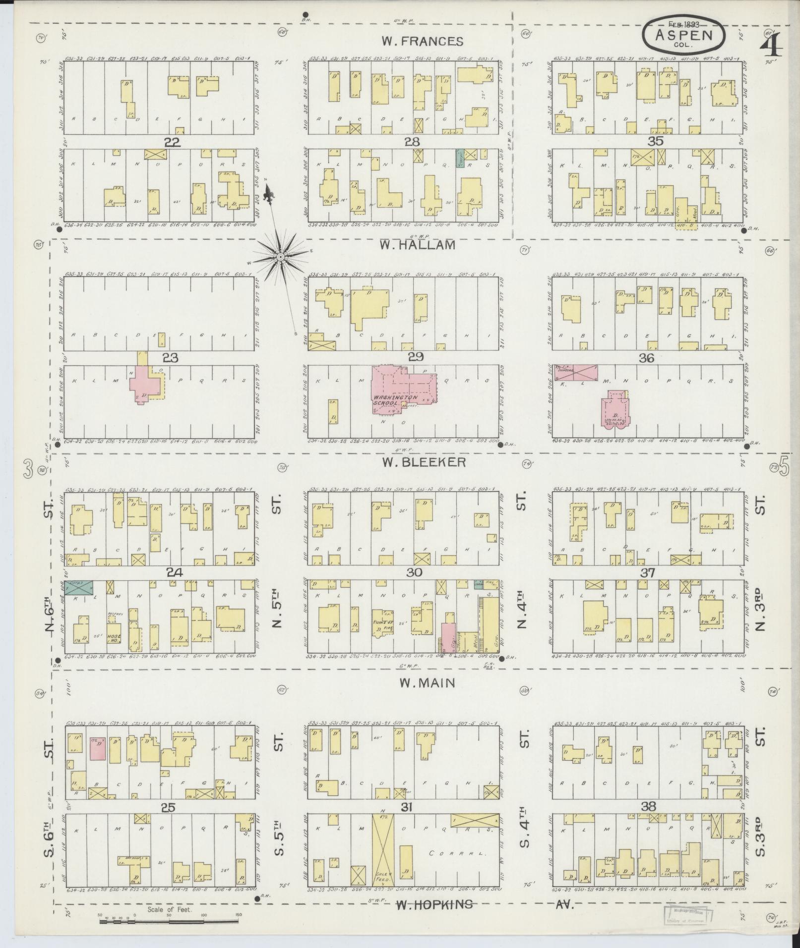 Sanborn Fire Insurance Map from Aspen, Pitkin County, Colorado (1893), Sheet #0004 - Historic Sanborn Fire Insurance Map Print, vintage old map wall art, antique decor, genealogy gift, Colorado Colorado map