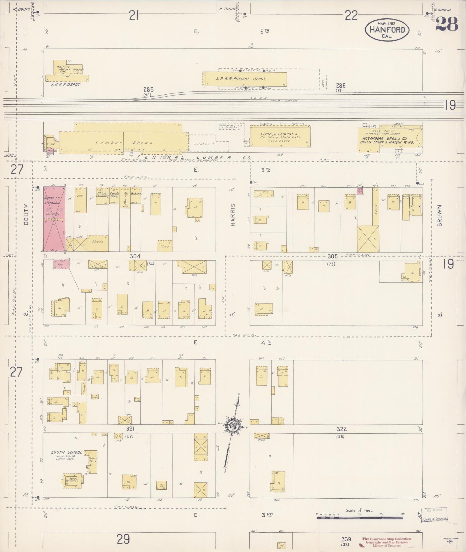 Sanborn Fire Insurance Map from Hanford, Kings County, California (1913), Sheet #0028 - Historic Sanborn Fire Insurance Map Print, vintage old map wall art, antique decor, genealogy gift, California California map