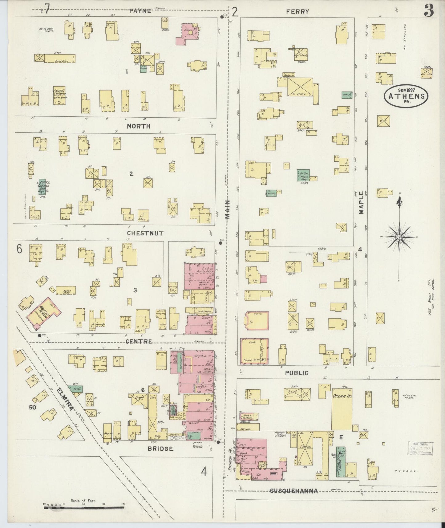 Sanborn Fire Insurance Map from Athens, Bradford County, Pennsylvania (1897), Sheet #0003 - Historic Sanborn Fire Insurance Map Print, vintage old map wall art, antique decor, genealogy gift, Pennsylvania Pennsylvania map