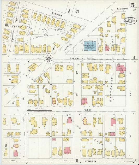 Sanborn Fire Insurance Map from Elkhart, Elkhart County, Indiana (1901), Sheet #0005 - Historic Sanborn Fire Insurance Map Print, vintage old map wall art, antique decor, genealogy gift, Indiana Indiana map