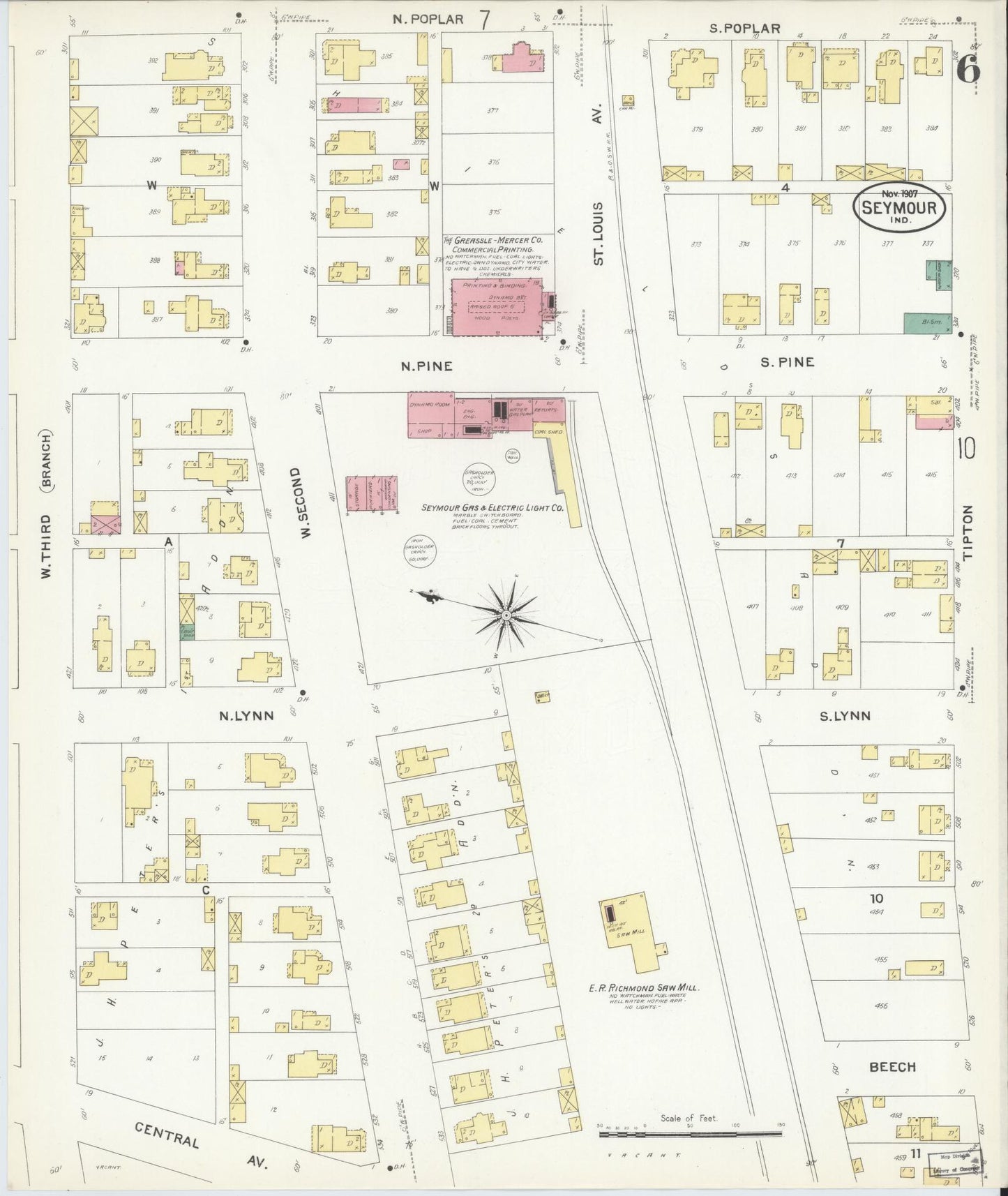 Sanborn Fire Insurance Map from Seymour, Jackson County, Indiana (1907), Sheet #0006 - Complete Map Set gallery image, historic Sanborn map, vintage wall art, Indiana Indiana